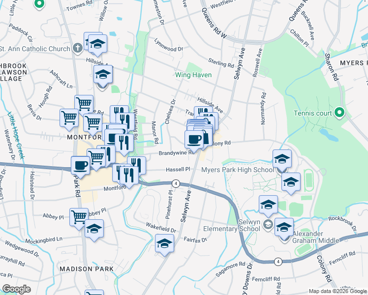 map of restaurants, bars, coffee shops, grocery stores, and more near 2856 Hillsdale Avenue in Charlotte