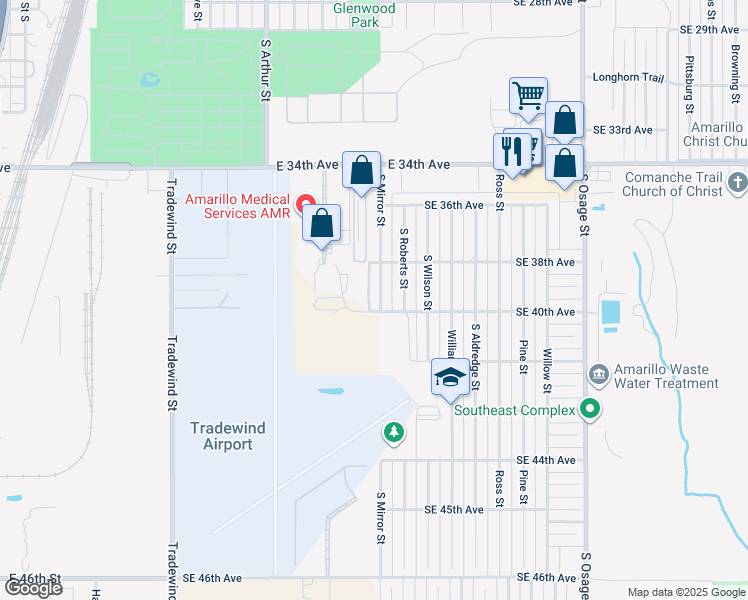 map of restaurants, bars, coffee shops, grocery stores, and more near 3826 South Mirror Street in Amarillo