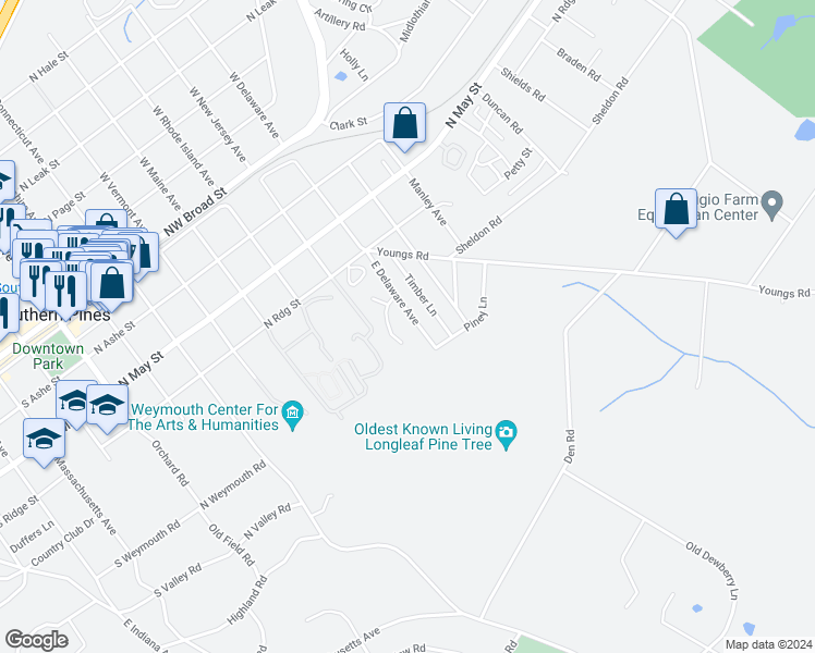 map of restaurants, bars, coffee shops, grocery stores, and more near 530 East Delaware Avenue in Southern Pines