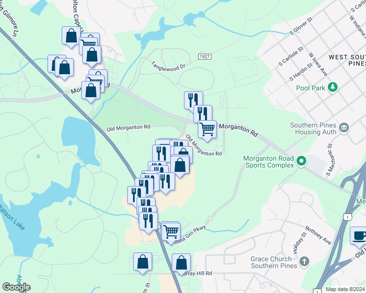 map of restaurants, bars, coffee shops, grocery stores, and more near 104 Brucewood Road in Southern Pines