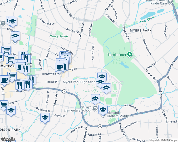 map of restaurants, bars, coffee shops, grocery stores, and more near 2816 Greenbriar Road in Charlotte