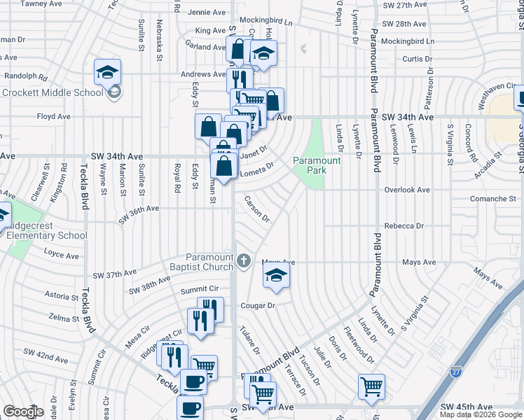 map of restaurants, bars, coffee shops, grocery stores, and more near 3613 Carson Drive in Amarillo