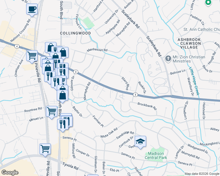 map of restaurants, bars, coffee shops, grocery stores, and more near 718 East Woodlawn Road in Charlotte