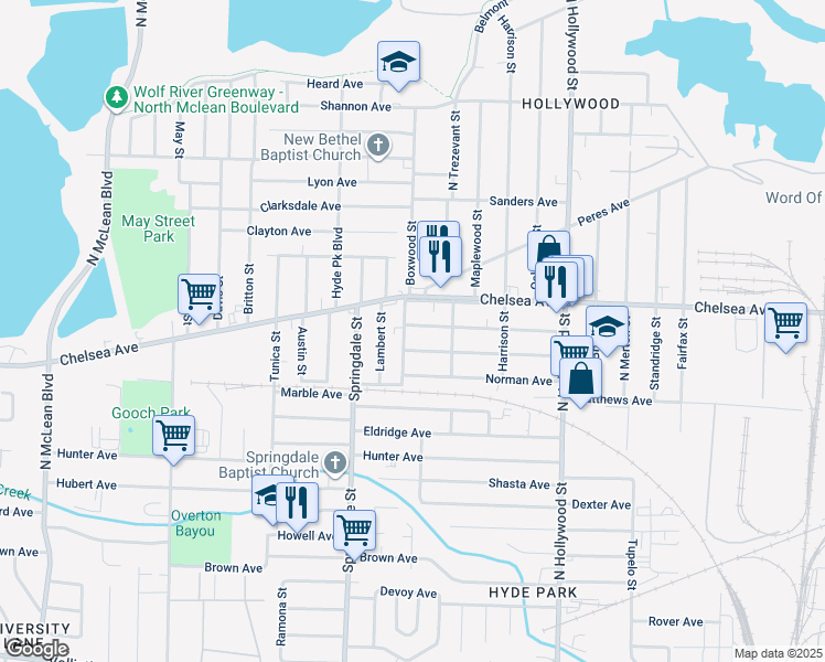 map of restaurants, bars, coffee shops, grocery stores, and more near 1359 Boxwood Street in Memphis