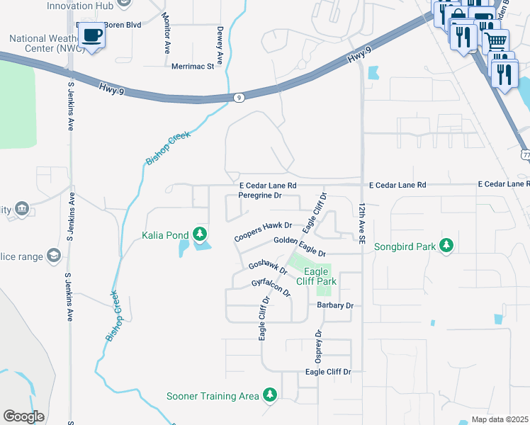 map of restaurants, bars, coffee shops, grocery stores, and more near 800 Hawks Nest Drive in Norman