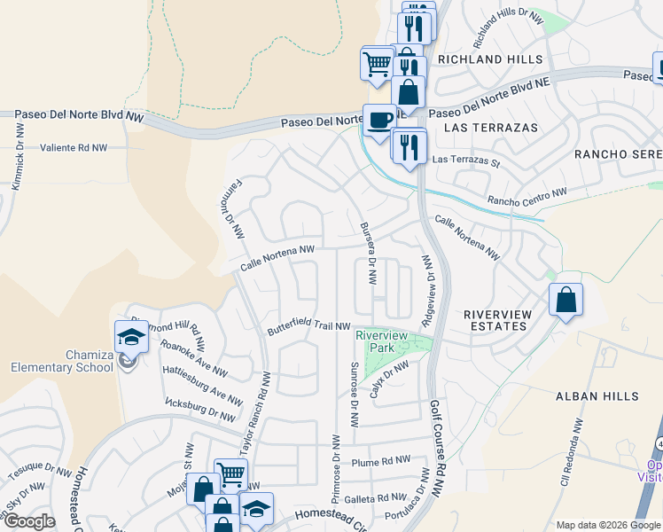 map of restaurants, bars, coffee shops, grocery stores, and more near 7815 Primrose Drive Northwest in Albuquerque