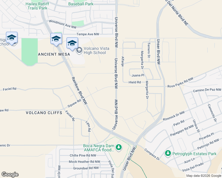 map of restaurants, bars, coffee shops, grocery stores, and more near 7501 Universe Boulevard Northwest in Albuquerque