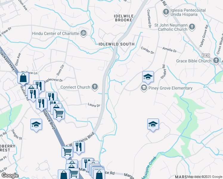 map of restaurants, bars, coffee shops, grocery stores, and more near 8628 Glen Shadow Lane in Charlotte