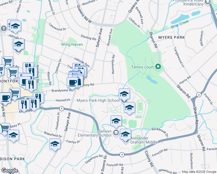 map of restaurants, bars, coffee shops, grocery stores, and more near 2816 Greenbriar Road in Charlotte
