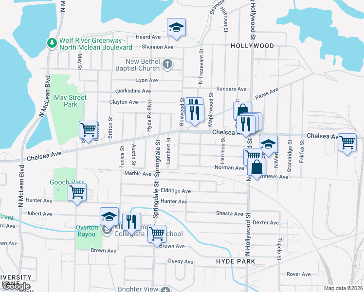 map of restaurants, bars, coffee shops, grocery stores, and more near 1359 Boxwood Street in Memphis