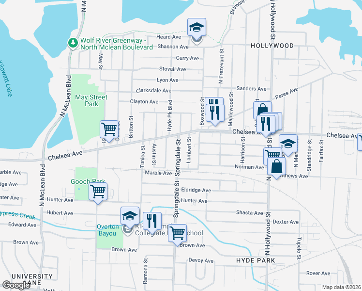 map of restaurants, bars, coffee shops, grocery stores, and more near 1362 Springdale Street in Memphis