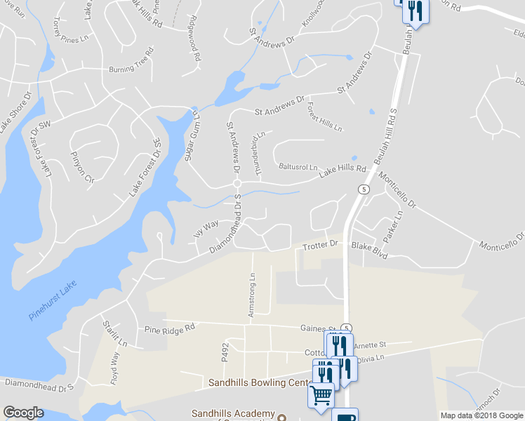 map of restaurants, bars, coffee shops, grocery stores, and more near 16 Colonial Pines Circle in Pinehurst