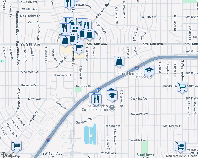 map of restaurants, bars, coffee shops, grocery stores, and more near 3610 South Austin Street in Amarillo