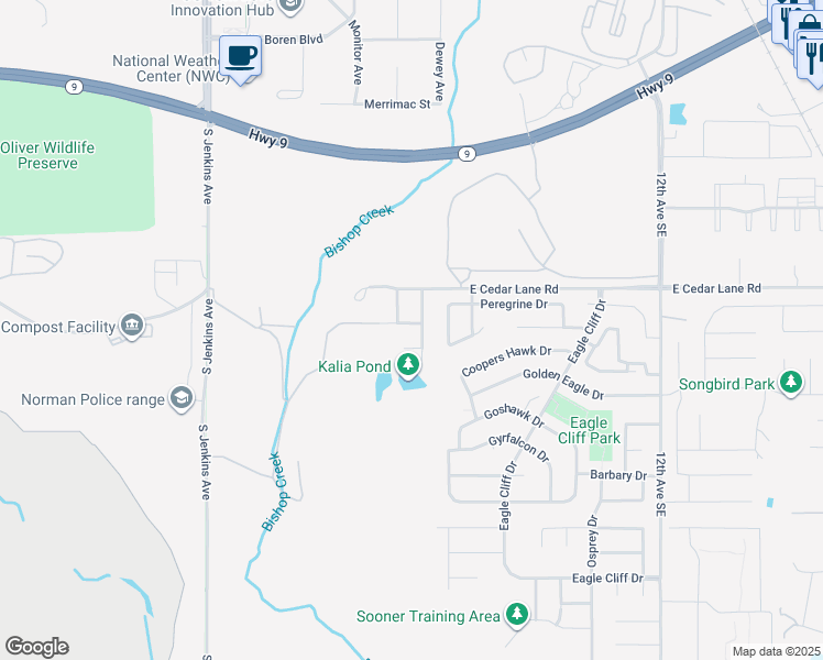 map of restaurants, bars, coffee shops, grocery stores, and more near 500 Dalton Lane in Norman