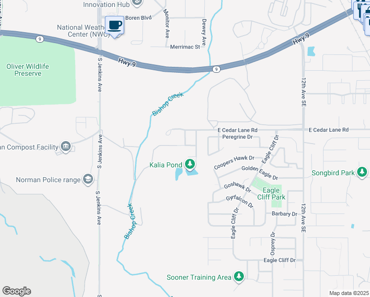 map of restaurants, bars, coffee shops, grocery stores, and more near 500 Dalton Lane in Norman