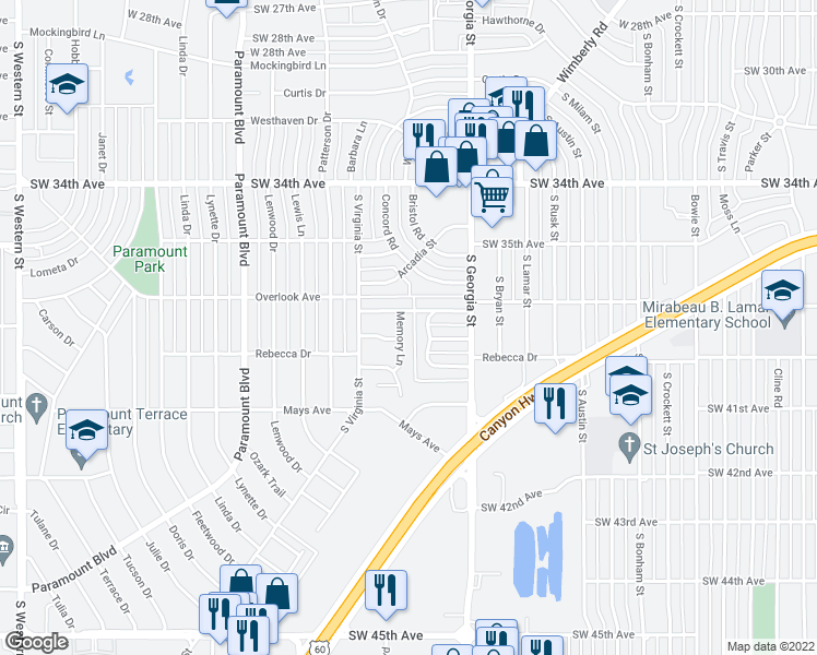 map of restaurants, bars, coffee shops, grocery stores, and more near 3605 Memory Lane in Amarillo