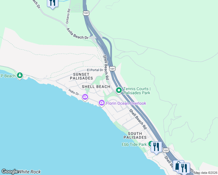 map of restaurants, bars, coffee shops, grocery stores, and more near 218 El Dorado Way in Pismo Beach