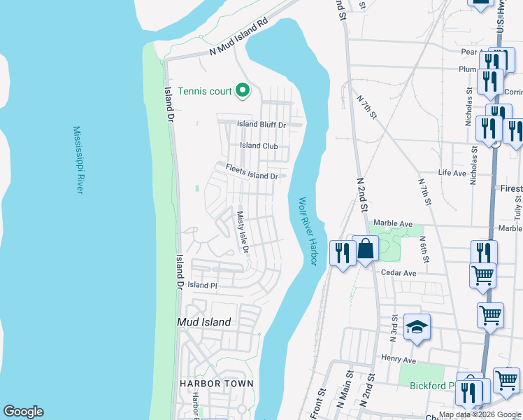 map of restaurants, bars, coffee shops, grocery stores, and more near 1220 Harbor River Drive in Memphis