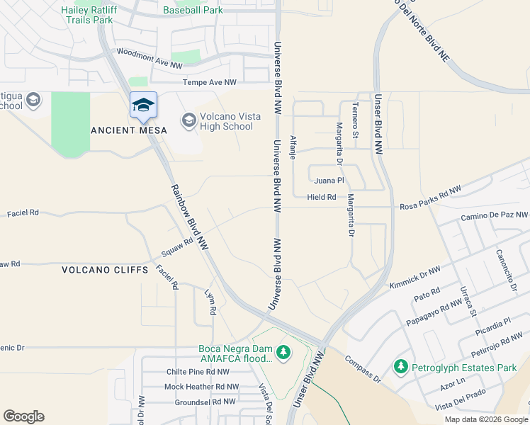 map of restaurants, bars, coffee shops, grocery stores, and more near 7501 Universe Boulevard Northwest in Albuquerque