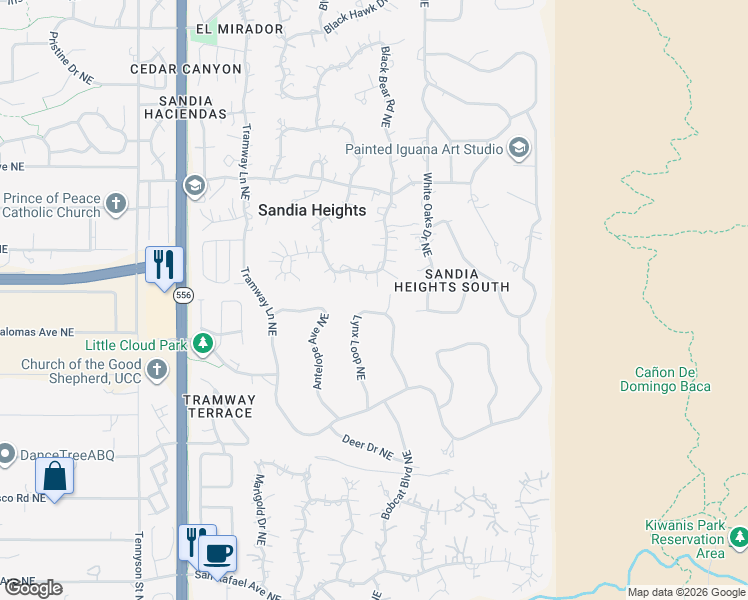 map of restaurants, bars, coffee shops, grocery stores, and more near 9101 Lynx Loop Northeast in Albuquerque