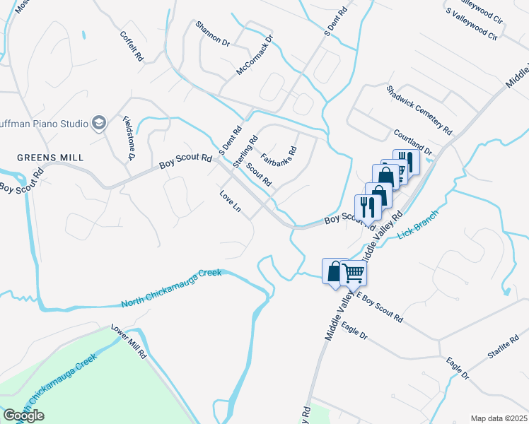 map of restaurants, bars, coffee shops, grocery stores, and more near 7341 Sterling Road in Middle Valley