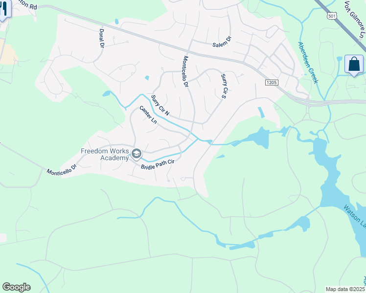 map of restaurants, bars, coffee shops, grocery stores, and more near 1030 Monticello Drive in Pinehurst