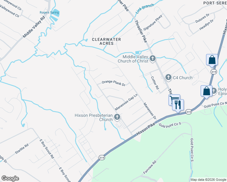 map of restaurants, bars, coffee shops, grocery stores, and more near 6711 Dove Field Road in Middle Valley