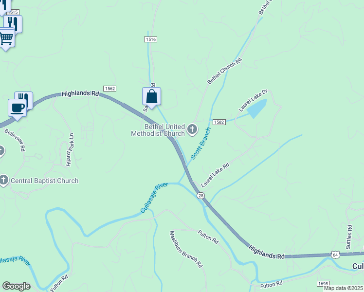 map of restaurants, bars, coffee shops, grocery stores, and more near 2472 Highlands Road in Franklin