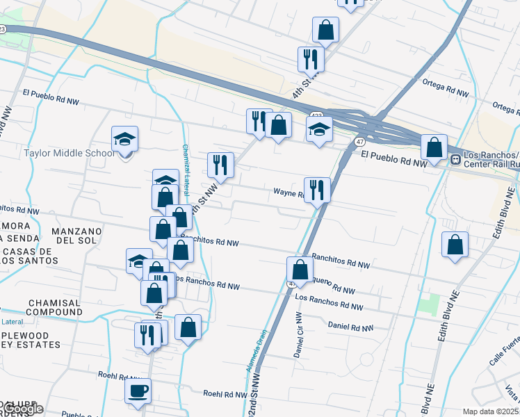 map of restaurants, bars, coffee shops, grocery stores, and more near 301 Sarah Lane Northwest in Albuquerque