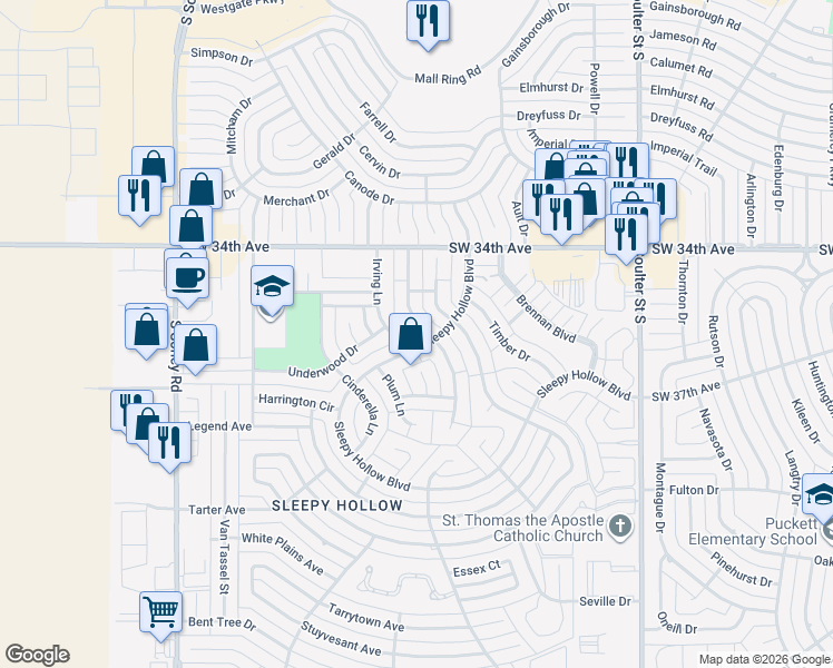 map of restaurants, bars, coffee shops, grocery stores, and more near 3445 Irving Lane in Amarillo