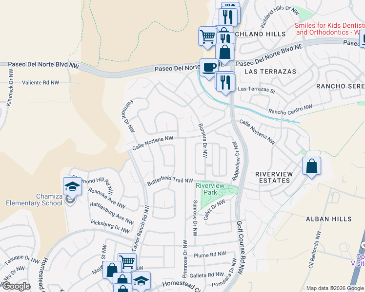 map of restaurants, bars, coffee shops, grocery stores, and more near 7815 Primrose Drive Northwest in Albuquerque