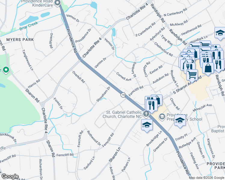 map of restaurants, bars, coffee shops, grocery stores, and more near 2600 Providence Road in Charlotte