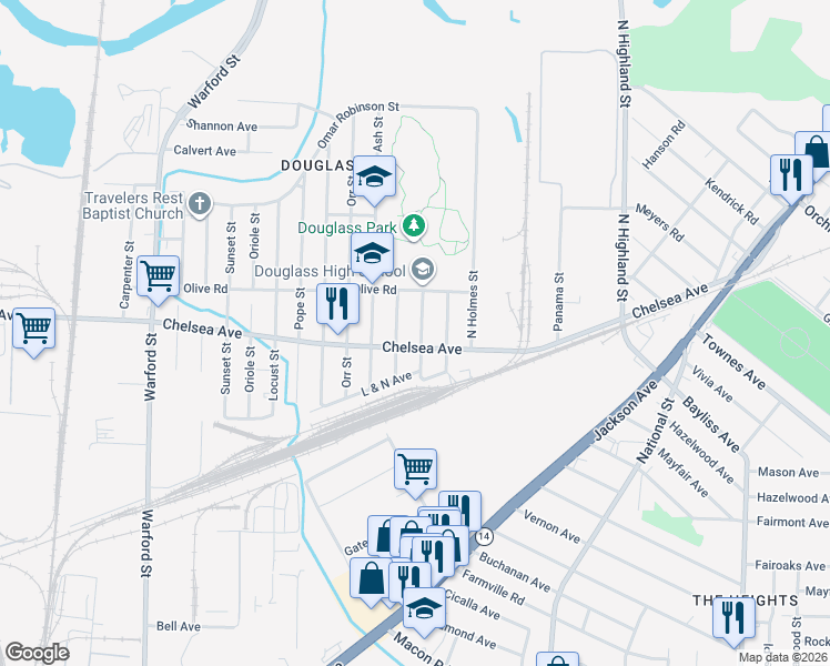 map of restaurants, bars, coffee shops, grocery stores, and more near 3240 Chelsea Avenue in Memphis