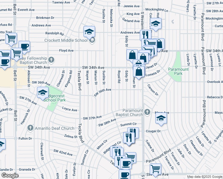 map of restaurants, bars, coffee shops, grocery stores, and more near 4601 Southwest 36th Avenue in Amarillo