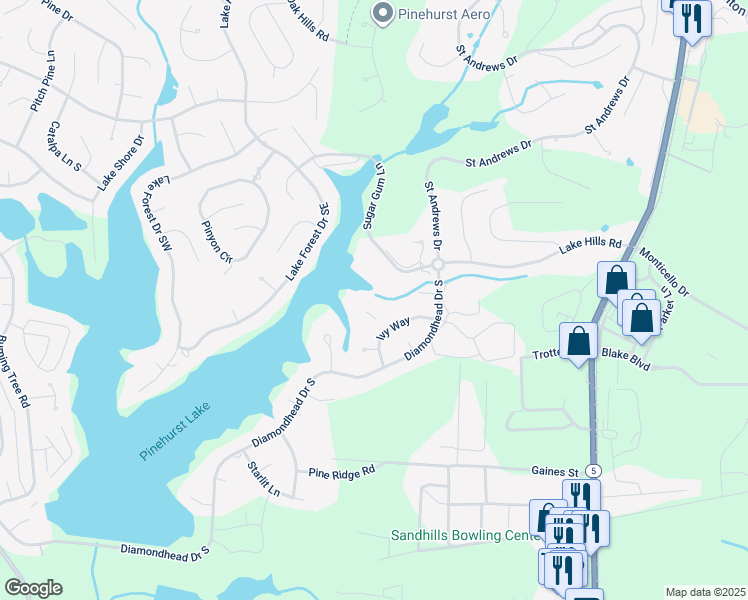 map of restaurants, bars, coffee shops, grocery stores, and more near 250 Sugar Gum Lane in Pinehurst