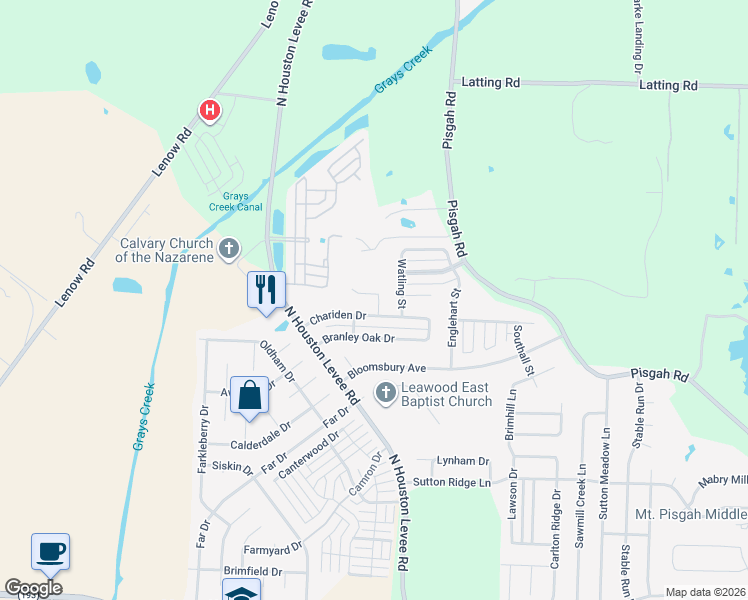 map of restaurants, bars, coffee shops, grocery stores, and more near 10030 Chariden Drive in Shelby County