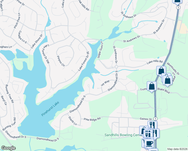 map of restaurants, bars, coffee shops, grocery stores, and more near 3 Sherwood Court in Pinehurst