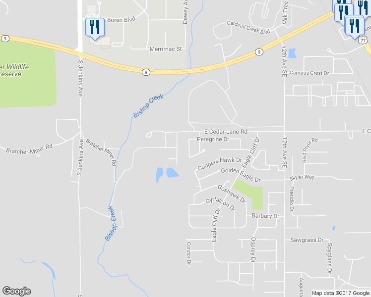 map of restaurants, bars, coffee shops, grocery stores, and more near 3616 Peregrine Drive in Norman