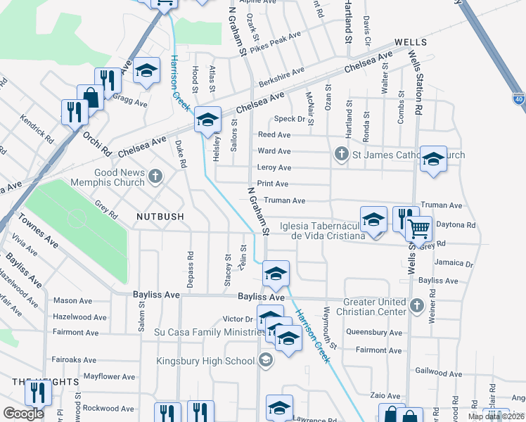 map of restaurants, bars, coffee shops, grocery stores, and more near 1527 North Graham Street in Memphis