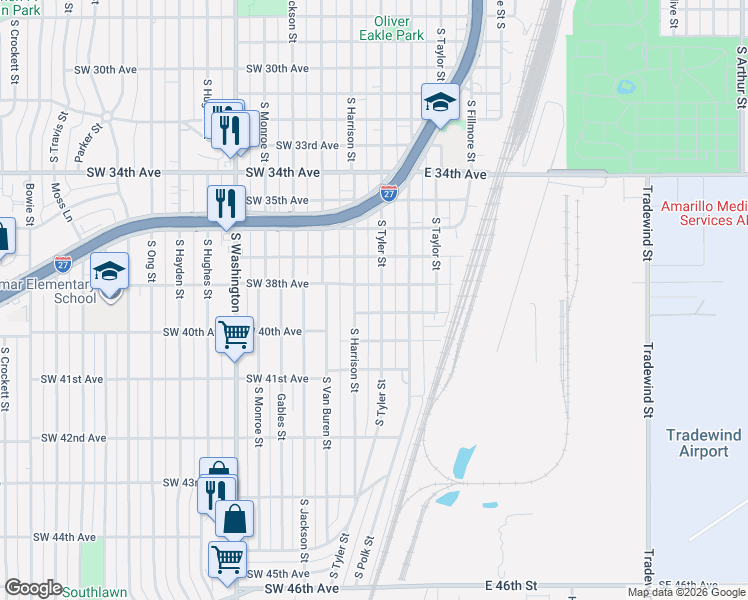 map of restaurants, bars, coffee shops, grocery stores, and more near 3810 South Tyler Street in Amarillo