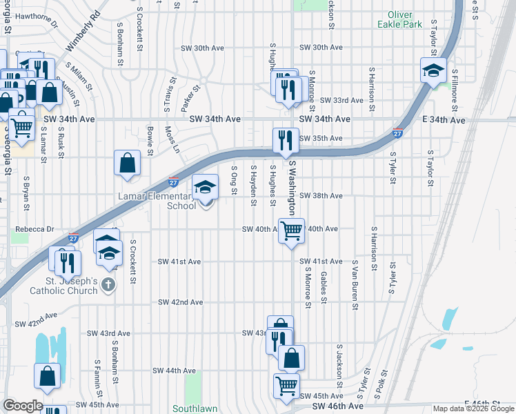 map of restaurants, bars, coffee shops, grocery stores, and more near 3810 South Hughes Street in Amarillo