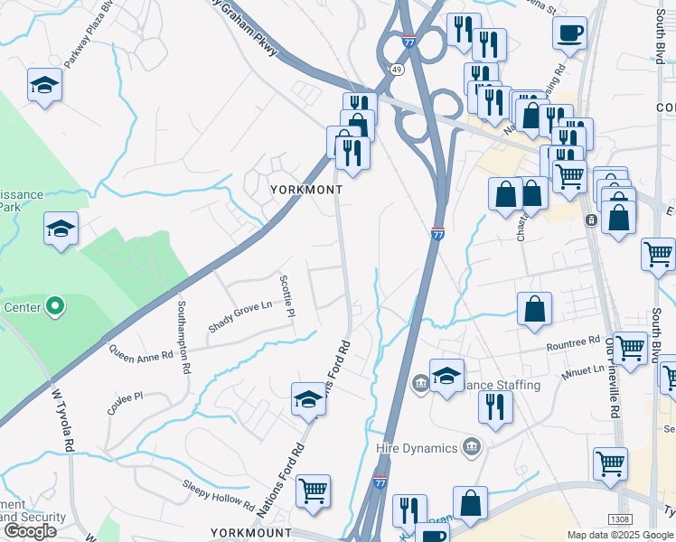 map of restaurants, bars, coffee shops, grocery stores, and more near 5415 Nations Ford Road in Charlotte