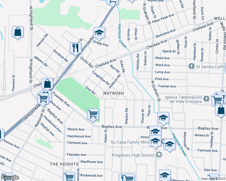 map of restaurants, bars, coffee shops, grocery stores, and more near 3812 Whittier Road in Memphis