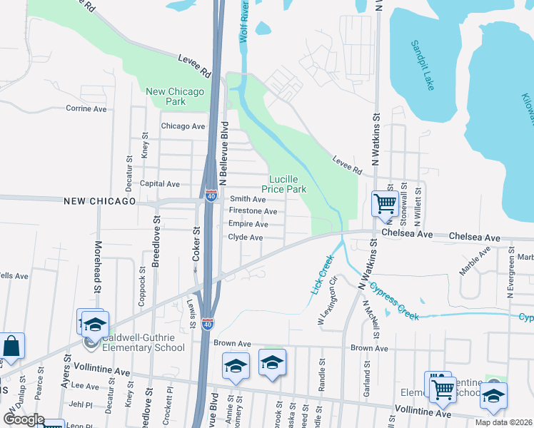 map of restaurants, bars, coffee shops, grocery stores, and more near 1256 Empire Avenue in Memphis