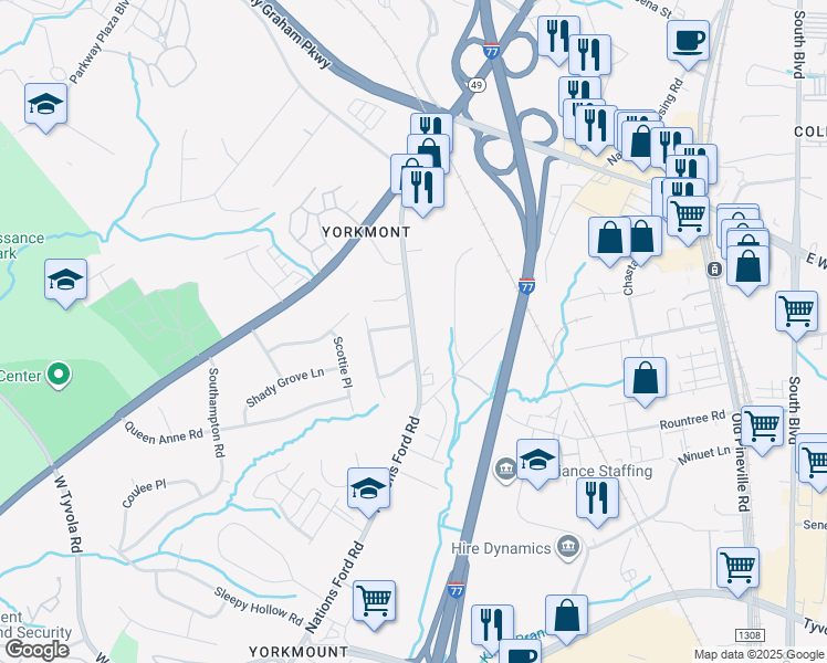 map of restaurants, bars, coffee shops, grocery stores, and more near 5415 Nations Ford Road in Charlotte