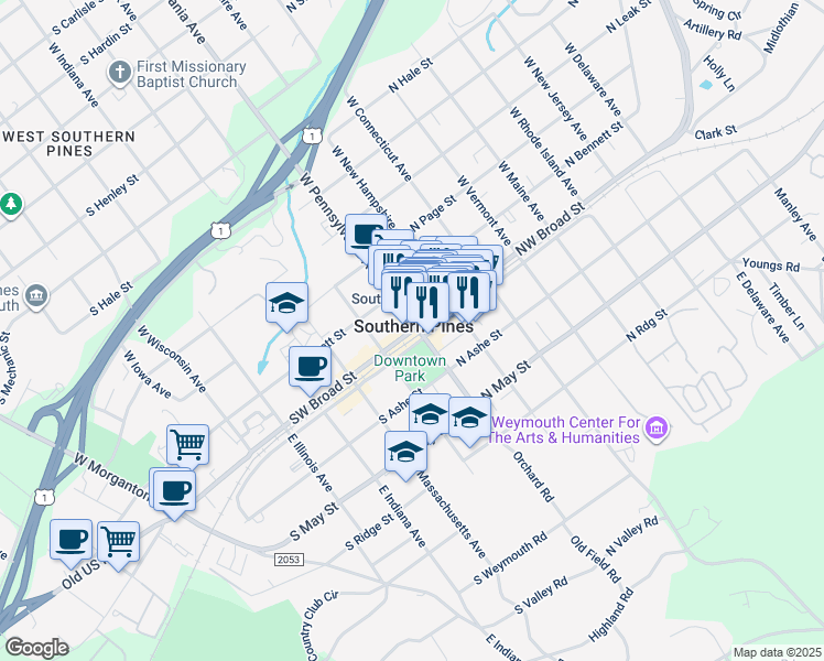 map of restaurants, bars, coffee shops, grocery stores, and more near in Southern Pines