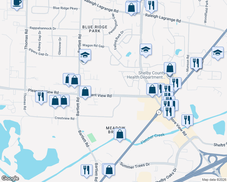 map of restaurants, bars, coffee shops, grocery stores, and more near 5636 Pleasant View Road in Memphis