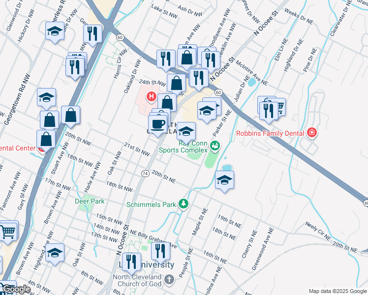 map of restaurants, bars, coffee shops, grocery stores, and more near 2250 North Ocoee Street in Cleveland