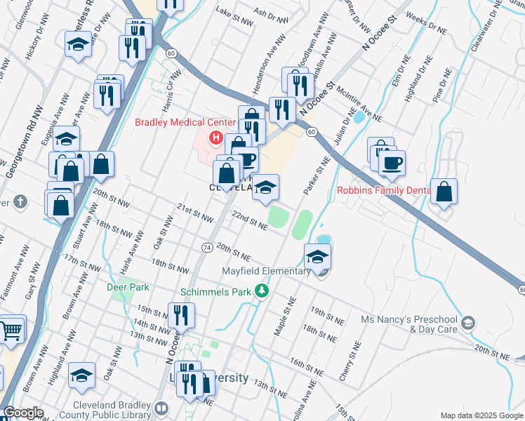 map of restaurants, bars, coffee shops, grocery stores, and more near 2250 North Ocoee Street in Cleveland