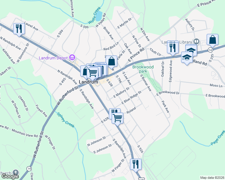 map of restaurants, bars, coffee shops, grocery stores, and more near 303 South Shamrock Avenue in Landrum